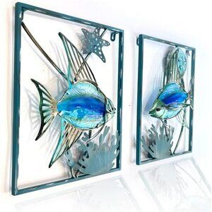 Metal Fish Wall Decor Set with LED Lights Outdoor Indoor Beach Pool Art